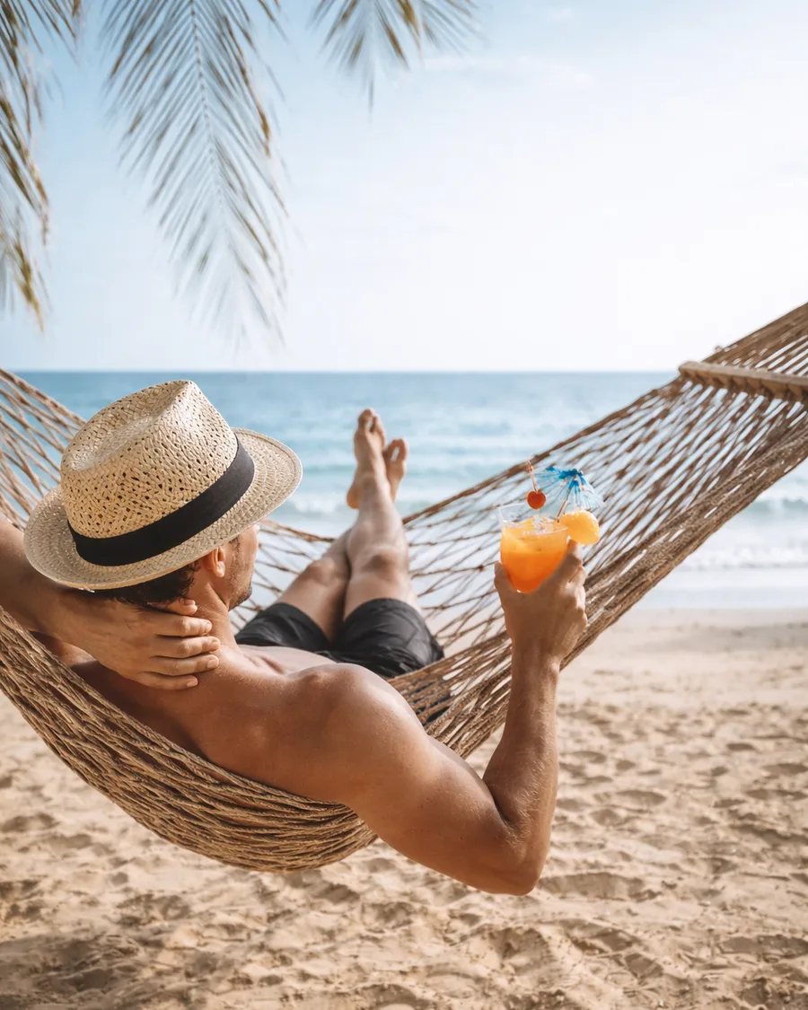 Un uomo si riposa su un'amaca in spiaggia con un cocktail in mano